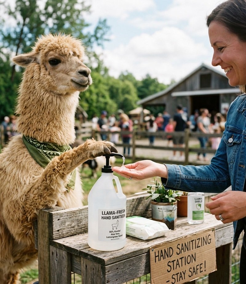 hand sanitizing at the llama sanctuary. A simple practice in biosecurity