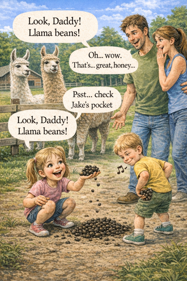 children playing with llama beans