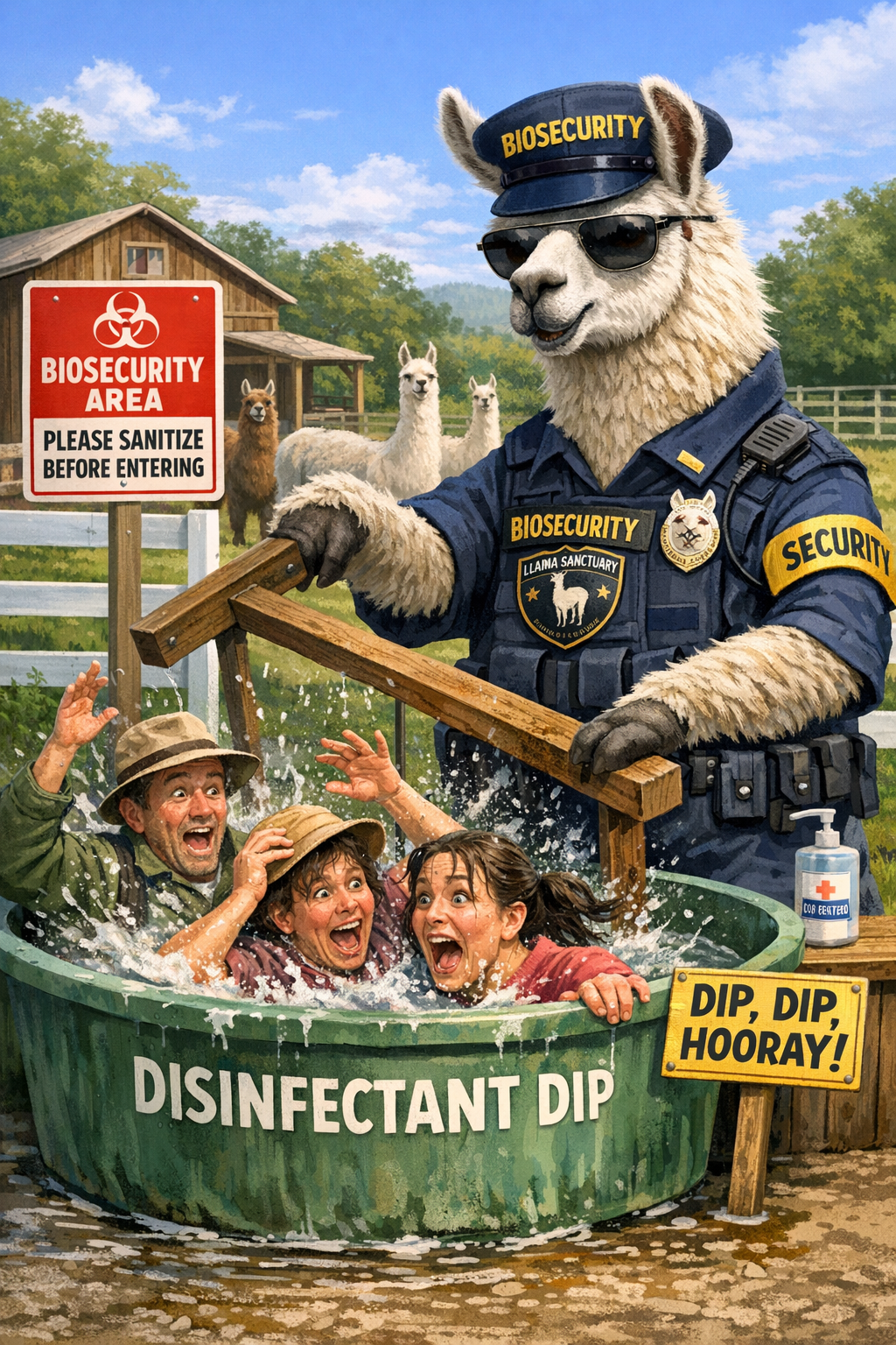 llama biosecurity police ensuring all visitors are disinfected before entering the llama sanctuary
